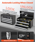 Tough As Nails Steel Tool Box With Three Smooth Rolling Drawers Secure Locking System Powder Coated Finish EVA Padded Trays, open view.