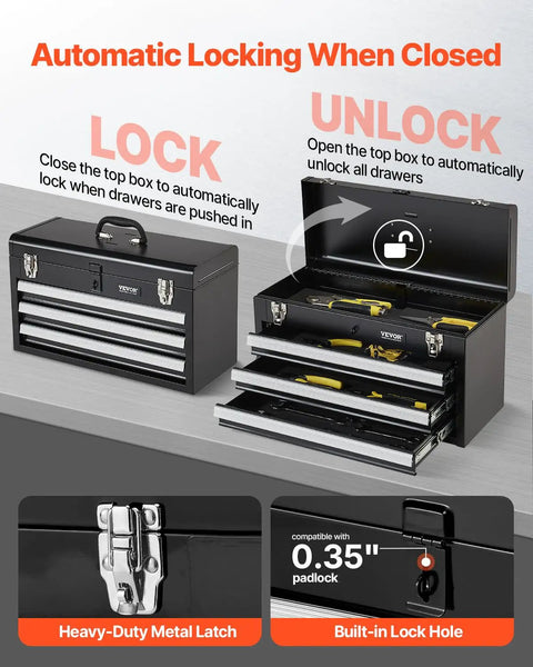 Tough As Nails Steel Tool Box With Three Smooth Rolling Drawers Secure Locking System Powder Coated Finish EVA Padded Trays, open view.