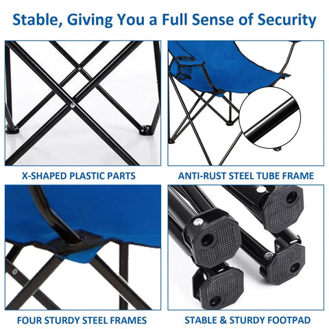 Detail views of Foldable Camping Chair With Cup Holder, 225 Lb Capacity, showing steel frames and anti-sink feet features