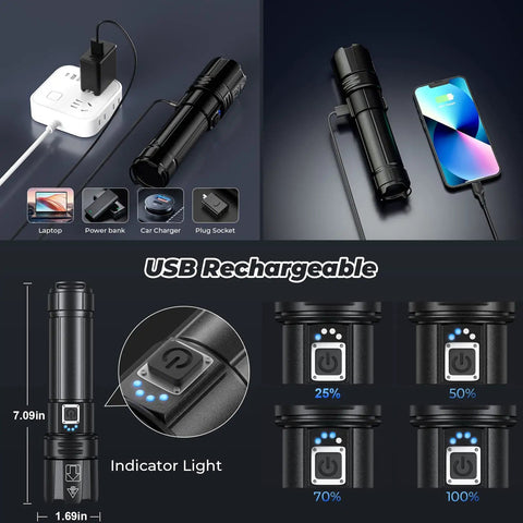 Rechargeable LED Flashlight 80000 Lumens Ultra Bright Handheld Flashlight With 5 Modes IPX6 Waterproof showing USB charging