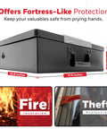 Hideable Money Safe Box With Carry Handle Fire Resistant Home Safe For Cash Jewelry And Documents Sturdy Steel Security Box With Digital Lock Portable Metal Safe For Personal Items Black with dimensions and fire-theft protection features visible.