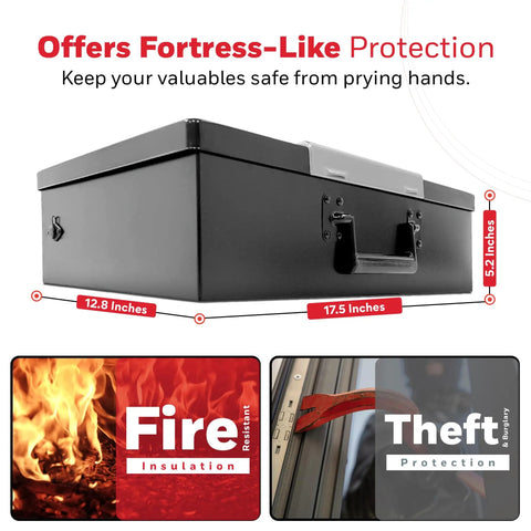 Hideable Money Safe Box With Carry Handle Fire Resistant Home Safe For Cash Jewelry And Documents Sturdy Steel Security Box With Digital Lock Portable Metal Safe For Personal Items Black with dimensions and fire-theft protection features visible.