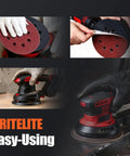 Top Notch 200 Pack 5 Inch Sanding Discs With Super Tough Aluminum Oxide And Sweet Hooks Loop For Smooth Orbital Sanding Jobs That Get Done Fast displayed on a sander.