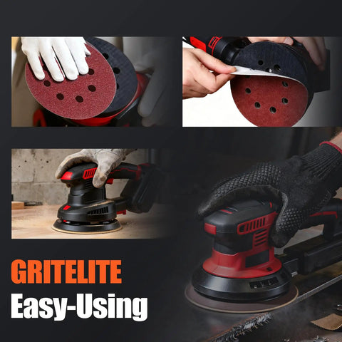 Top Notch 200 Pack 5 Inch Sanding Discs With Super Tough Aluminum Oxide And Sweet Hooks Loop For Smooth Orbital Sanding Jobs That Get Done Fast displayed on a sander.