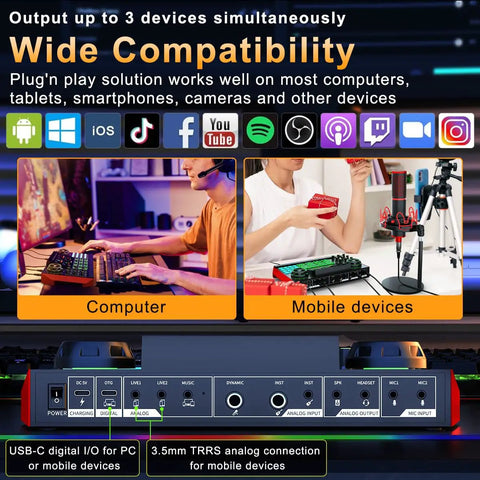 G9 Live Sound Card And Streaming Mixer With Built-In Audio Interface For Smartphones And PCs, with USB-C and analog inputs.