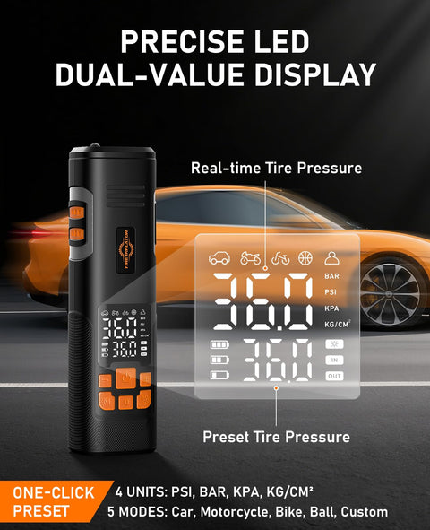 Cordless Tire Inflator Portable Air Compressor With 150 PSI Auto Shutoff LED Light And Digital Pressure Gauge display