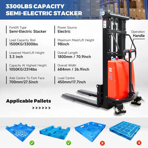Heavy Duty 3300 Lbs Semi-Electric Pallet Stacker With 98 Inch Mast Lift Height Adjustable Forks For Warehouses in a warehouse setting.
