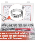 Big 300Pcs 16 Size Single Ear Hose Clamps Set Stainless Steel 304 Crimp Cinch Rings For Automotive, Plumbing And Pipe DIY Repairs, Universal Fit 5.3mm To 36.1mm displayed in an organized box
