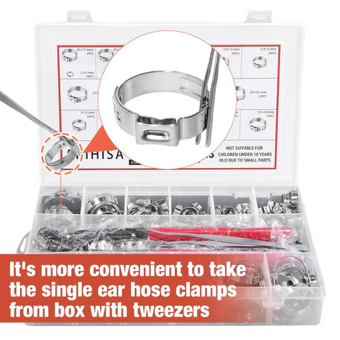 Big 300Pcs 16 Size Single Ear Hose Clamps Set Stainless Steel 304 Crimp Cinch Rings For Automotive, Plumbing And Pipe DIY Repairs, Universal Fit 5.3mm To 36.1mm displayed in an organized box