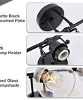 Close-up of Dope 3-Light Modern Black Vanity Light Fixture with metal base, E26 lamp holder, seeded glass shade, 21 inch