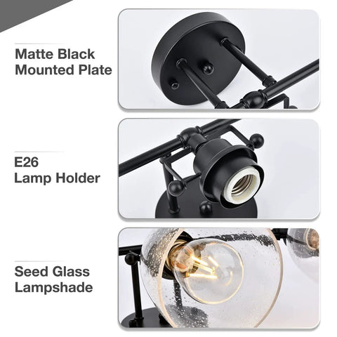 Close-up of Dope 3-Light Modern Black Vanity Light Fixture with metal base, E26 lamp holder, seeded glass shade, 21 inch