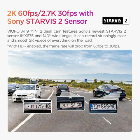 Cars on highway captured by 2K Dash Cam With 60FPS HDR Dope Night Vision STARVIS 2 Sensor, highlighting license plate clarity.