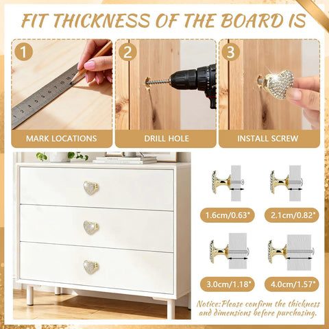 Next Level Gold Heart Drawer Knobs With Matching Screws Premium Zinc Alloy Cabinet And Dresser Handles For Bedroom Decor Easy DIY swap process with installation steps.