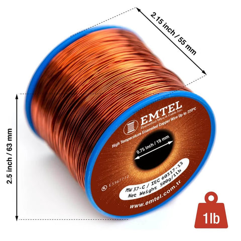 24 AWG Enameled Pure Copper Magnet Wire 1 lb Spool with dimensions and brand label visible