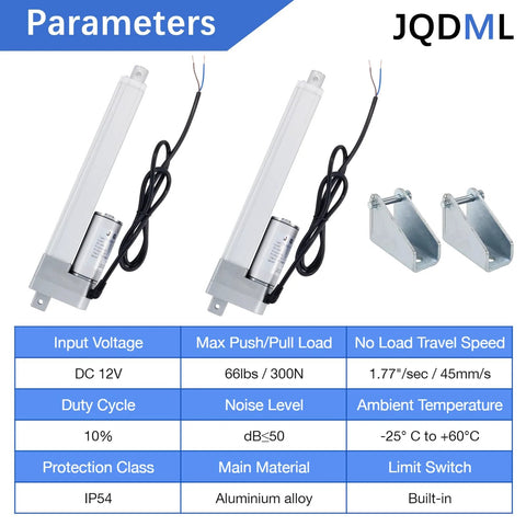 Two JQDML 16-inch, 12V linear actuators with two aluminum alloy mounting brackets