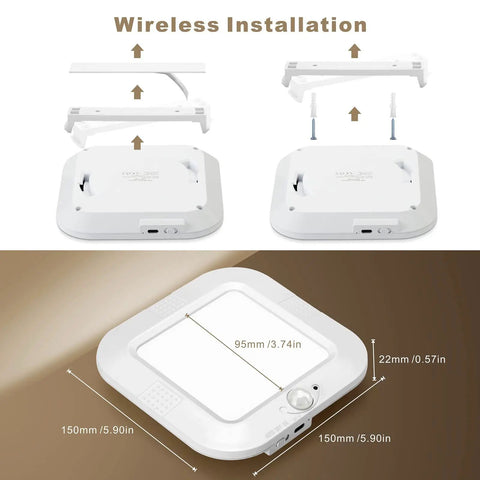 Cordless Rechargeable Motion Sensor Ceiling Light With USB Cable 220 Lumens 6000K Daylight LED showing wireless installation and dimensions