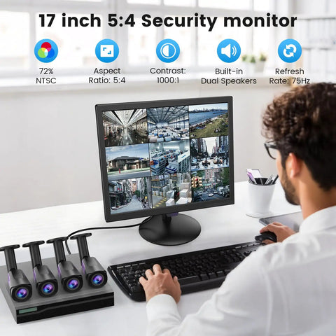 Person viewing 17 Inch Security Camera Monitor For CCTV And NVR Systems With 1280 By 1024 Resolution 5 4 Aspect, showing security footage.