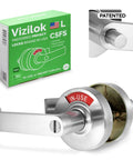 ADA Compliant Privacy Lock With One Touch Push Button Lever For Single Egress, Left Handed, Satin Chrome Finish, box view