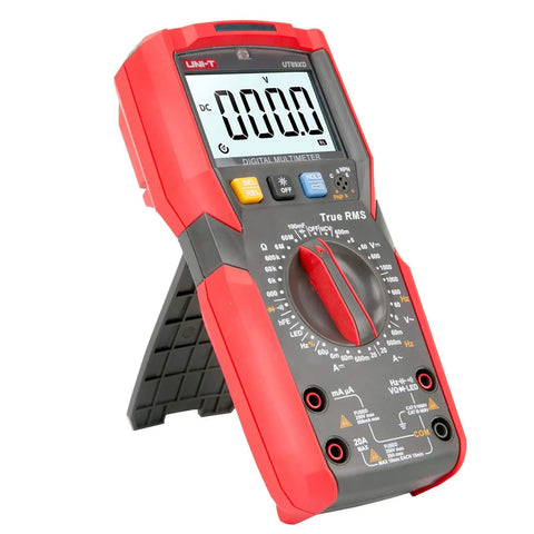 True RMS 6000 Count Digital Multimeter with 1000V AC DC 20A AC DC Range NCV Live Wire Detection displayed on stand