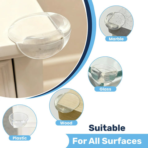 Heavy Duty Large Table Corner Protectors And Universal Edge Guards For Babies on multiple surfaces like wood, glass, and marble.