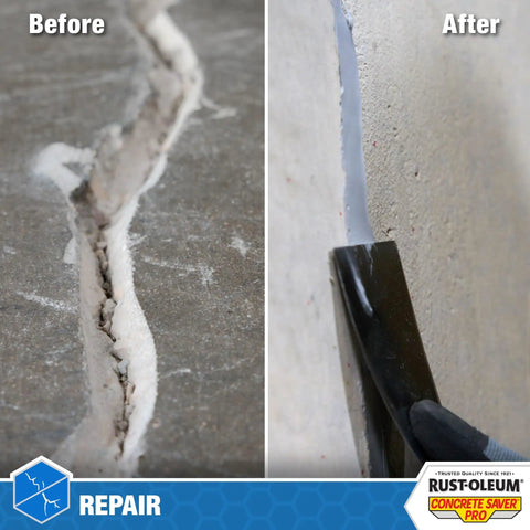 Concrete Crack Repair Sealant Quick Set Pro 8.6 Oz Limestone used on crack in concrete floor before and after application.