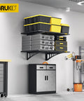 2x3ft Adjustable Rail Wall Mounted Garage Storage Shelf Set For Tool Room And Storage Areas With Heavy Duty Steel Frame Adjustable Slide Rail Design Two Pack Black Keeps Tools Neatly Organized installed in garage with tools and storage boxes.