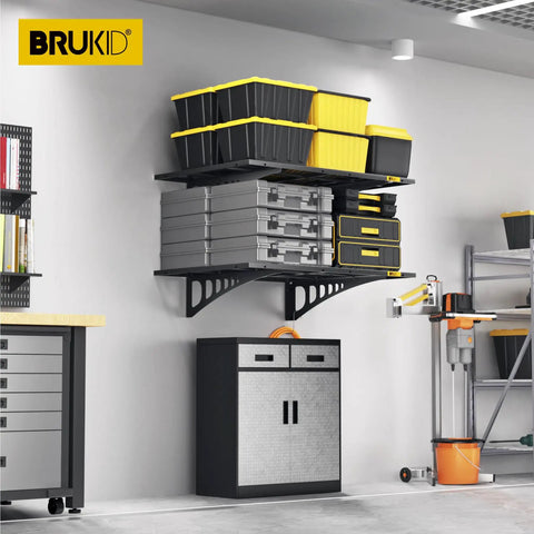 2x3ft Adjustable Rail Wall Mounted Garage Storage Shelf Set For Tool Room And Storage Areas With Heavy Duty Steel Frame Adjustable Slide Rail Design Two Pack Black Keeps Tools Neatly Organized installed in garage with tools and storage boxes.