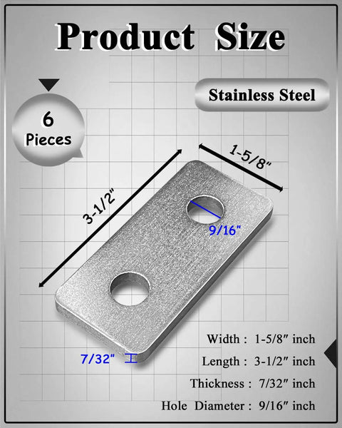 Heavy Duty Stainless Steel 2-Hole Flat Plate Fitting For One And Five Eighths Inch Strut Channel Seven Thirty-Second Inch Thick Three And One Half By One And Five Eighths Inch Fits One Half Inch Bolts Outdoor Solar HVAC Mounting Bracket Six Pack, 6 pieces