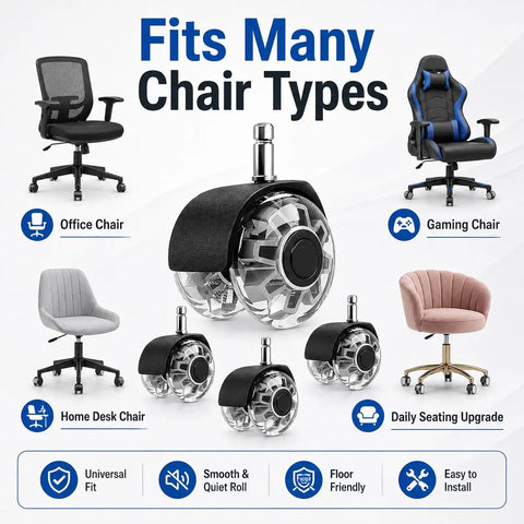 2 Inch Heavy Duty Chair Caster Wheels 5 Pack Silent Swivel Replacement Casters Clear dual wheel design for various chair types.