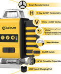 Close-up of 4x360 Degree Laser Level With 16 Green Beams Self Leveling Line Laser showing buttons and USB Type-C charging port