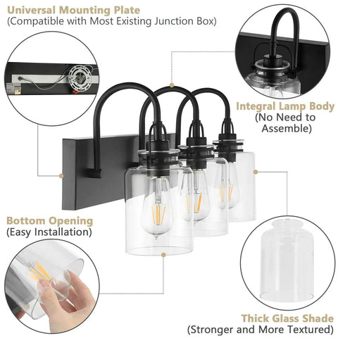 Three Light Matte Black Vanity Light Fixture With Clear Glass Shades, Dope Modern Wall Sconce Lighting For Bathroom Mirror, Cabinet, Kitchen, Hallway Or Stairs, Sleek Vintage Vibe