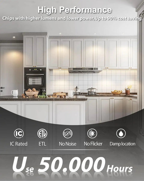 zouzai 2 Inch Gimbal LED Recessed Lights, 5CCT, 5W 550LM, White 4 Pack in a modern kitchen with no flicker.