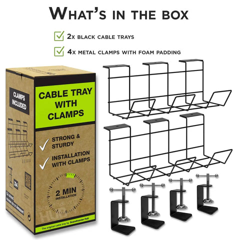 Under Desk Cable Management Tray With Clamps No Drill Cord Organizer packaging and contents, set of 2 trays with clamps