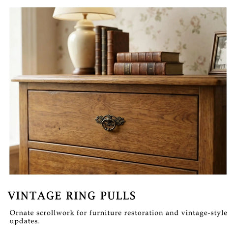 Antique Brass Ring Pulls Set Of 8 For Cabinets And Drawers With European Backplate on vintage wooden dresser