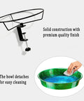 Heavy Duty Deck Mounted Bird Bath And Feeder For Patio Rails 11.5 Inch metal basin, clip mount with detachable bowl for easy cleaning.