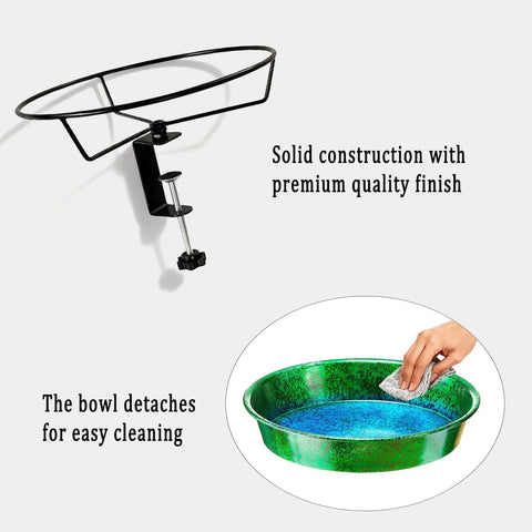 Heavy Duty Deck Mounted Bird Bath And Feeder For Patio Rails 11.5 Inch metal basin, clip mount with detachable bowl for easy cleaning.