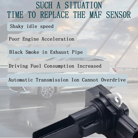 Mass Air Flow Sensor MAF Meter For Honda Accord CR V Civic Crosstour TSX ILX NSX And Acura 2.4L 3.5L Engines 2008 Through 2019 Direct Fit Replacement with symptoms of failure in the background.