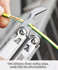 Everyday Carry 18 In 1 Multitool Pliers Set wire stripper cutting insulation on yellow wire, stainless steel tool in use.