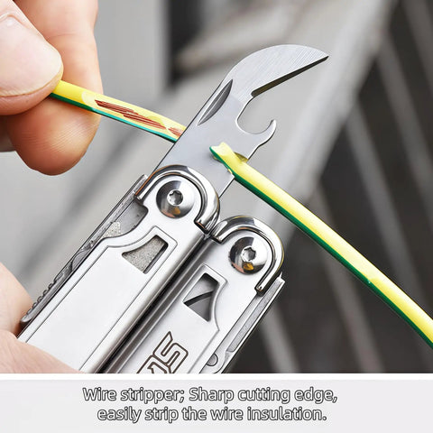 Everyday Carry 18 In 1 Multitool Pliers Set wire stripper cutting insulation on yellow wire, stainless steel tool in use.