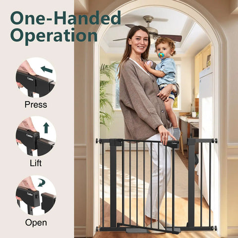 Expandable Baby Gate For Stairs And Doorways With Auto Close Pressure Mounted Pet Gate shown in doorway with child