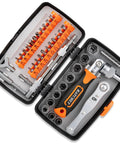 180 Degree Adjustable Ratchet Screwdriver And Wrench Set With Bit Kit Flexible Shaft Extension Metric Socket Set And Ratcheting Mechanics Tool Kit for tight spots, case open view