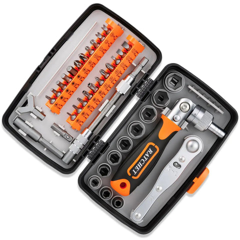180 Degree Adjustable Ratchet Screwdriver And Wrench Set With Bit Kit Flexible Shaft Extension Metric Socket Set And Ratcheting Mechanics Tool Kit for tight spots, case open view