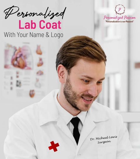 Custom Men's Lab Coat With Name And Logo, Professional Doctor Coat worn by man, white medical coat for doctors, scientists.