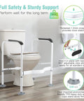 Heavy Duty Toilet Safety Rail For Elderly With Adjustable Height And Width Anti Slip Grab Bar With Non Slip Mat Supports Up To 350 Lbs Keeps You Safe And Independent While Sitting Or Standing Fits Most Toilets installed on toilet showing stability features