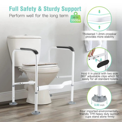 Heavy Duty Toilet Safety Rail For Elderly With Adjustable Height And Width Anti Slip Grab Bar With Non Slip Mat Supports Up To 350 Lbs Keeps You Safe And Independent While Sitting Or Standing Fits Most Toilets installed on toilet showing stability features