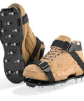 Lawn Aerator Shoes With 1.1 Inch Spikes Adjustable Straps Universal Fit For Yard And Garden Aeration, shown with sneakers.
