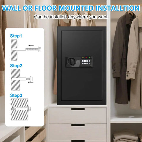 3.3 Cu Ft Fireproof Home Safe with waterproof seal and digital keypad lock shown in closet with installation guide