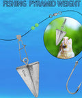 Pyramid Sinkers Fishing Weights Kit for Saltwater Surf Fishing Lead Sinkers Set in 1oz 2oz 3oz 4oz with hook and fish.