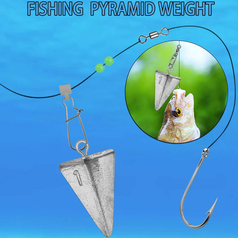 Pyramid Sinkers Fishing Weights Kit for Saltwater Surf Fishing Lead Sinkers Set in 1oz 2oz 3oz 4oz with hook and fish.