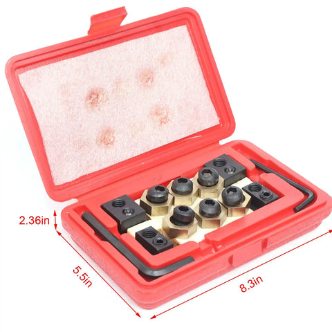 Open red case displaying 5/8 Inch T Slot Eccentric Clamping Kit Includes 6 Eccentric Bolts, 4 T Nuts, 6 Hex Stoppers and 2 Hex Wrenches